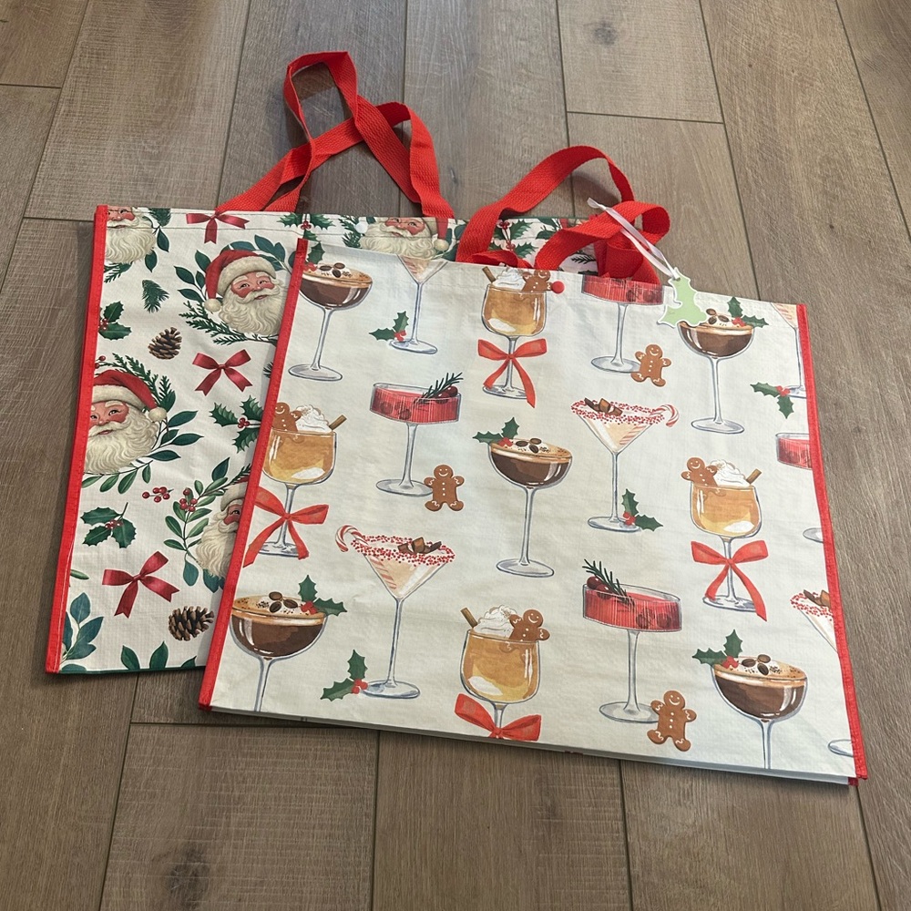 Homegoods TJMaxx Marshalls Christmas Cocktails & Santa Tote Bags Set of 2 NWT